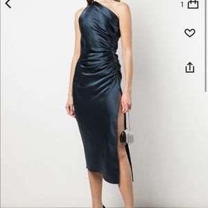 Michelle Mason navy one shoulder silk midi dress, size 4 WORN ONCE